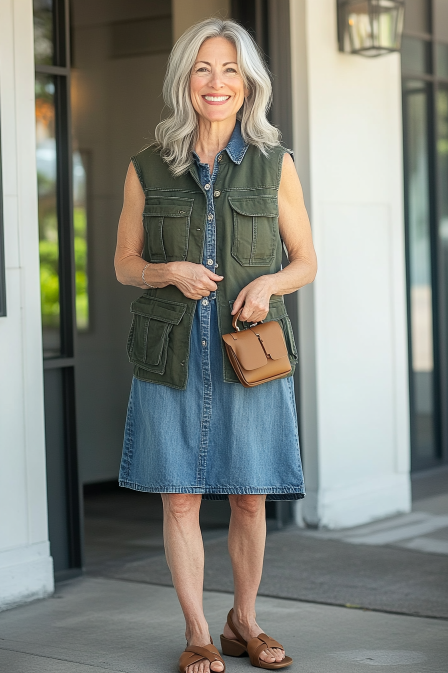 23. Earthy Tones Contrast (Denim Dress Outfits For Women Over 50) - Denim Dress Outfits For Women Over 50