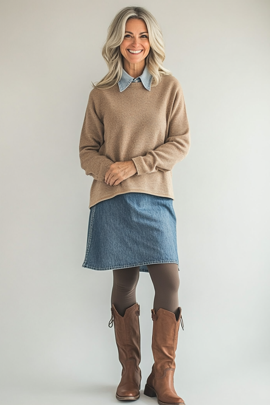 25. Sweater Over Denim (Denim Dress Outfits For Women Over 50) - Denim Dress Outfits For Women Over 50
