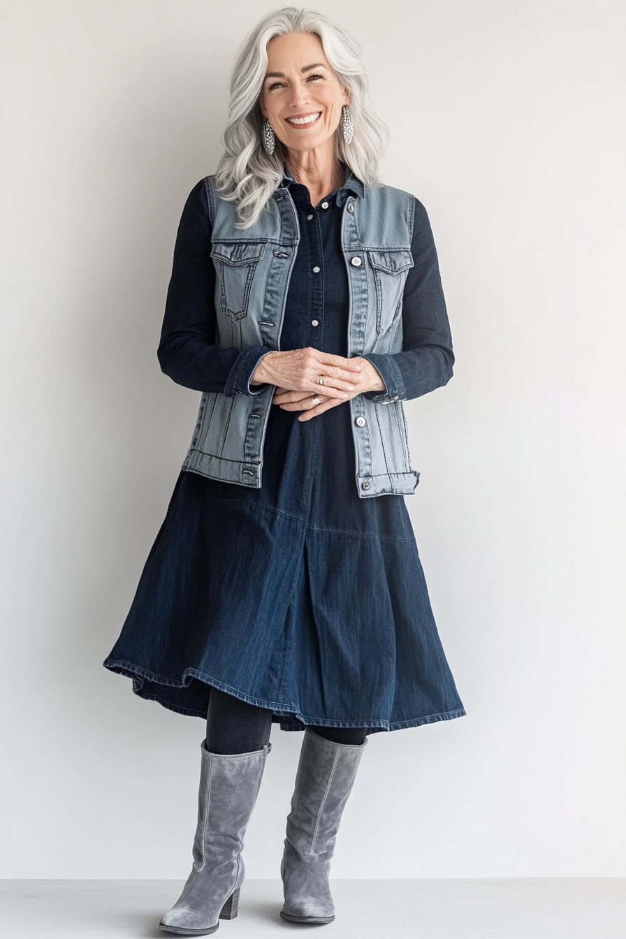 26. Monochrome Denim Layers (Denim Dress Outfits For Women Over 50) - Denim Dress Outfits For Women Over 50